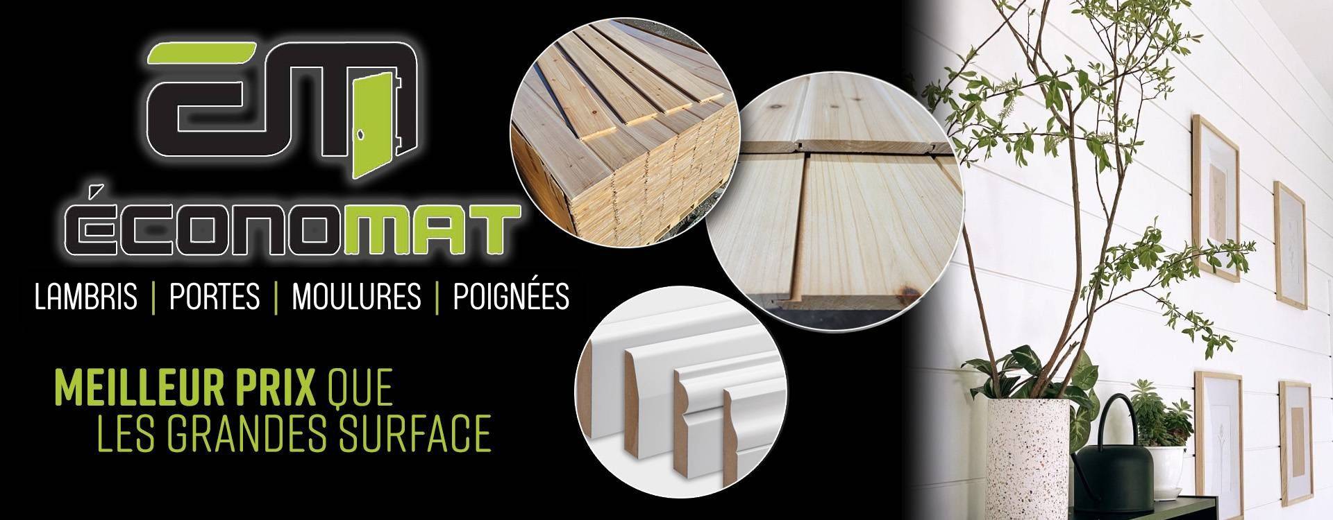 Image promotionnelle montrant le logo Économat, des photos en médaillons de lambris en bois, de moulures blanches et de planches de plancher, et un mur intérieur habillé de lambris blanc avec plantes et cadres.